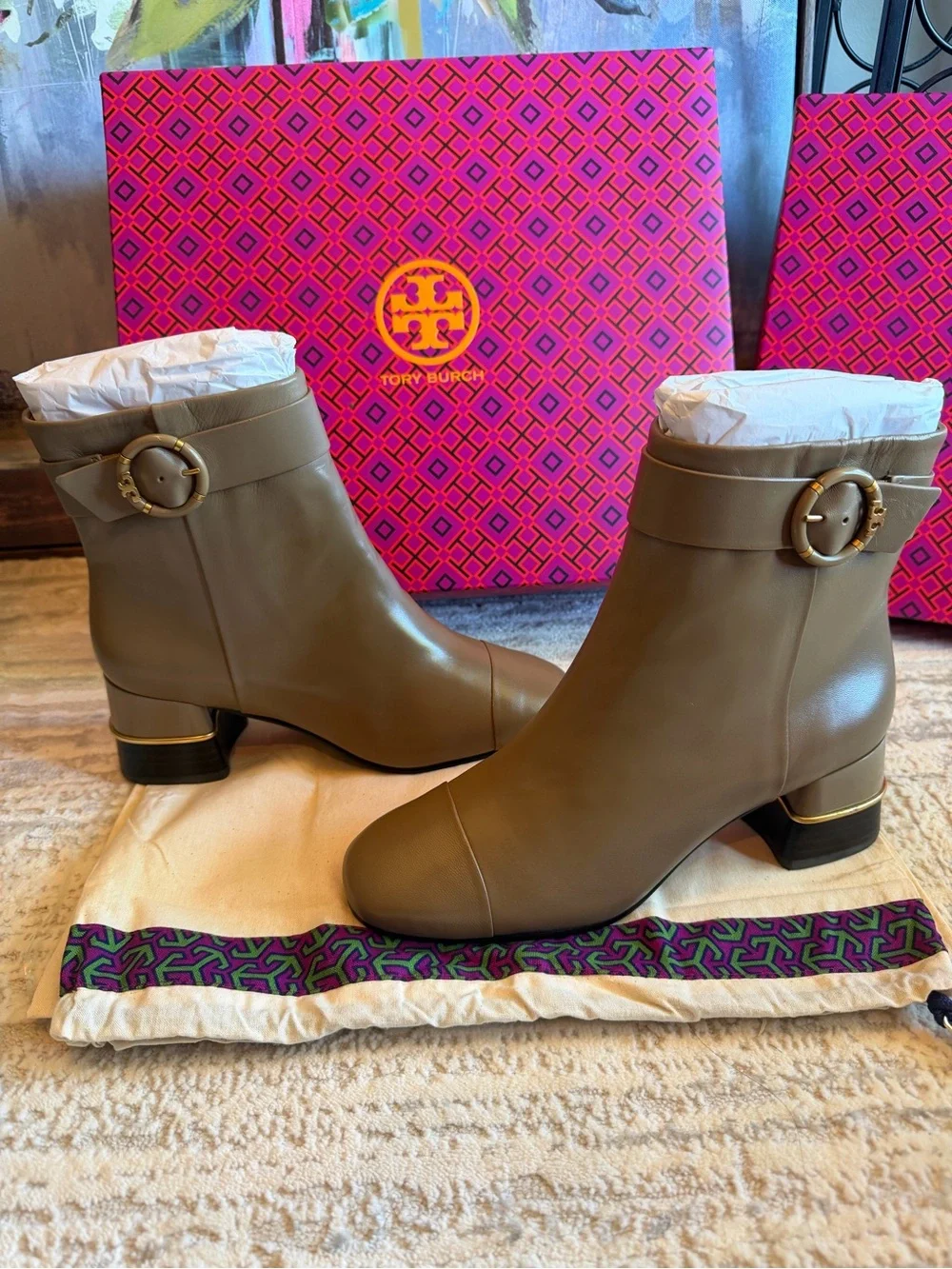 Tory Burch Multi Logo Heel Ankle Boots with Buckle Detail